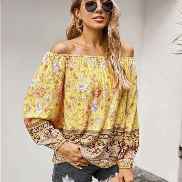 Boho floral print off shoulder blouse- Yellow - Picture 4 of 12